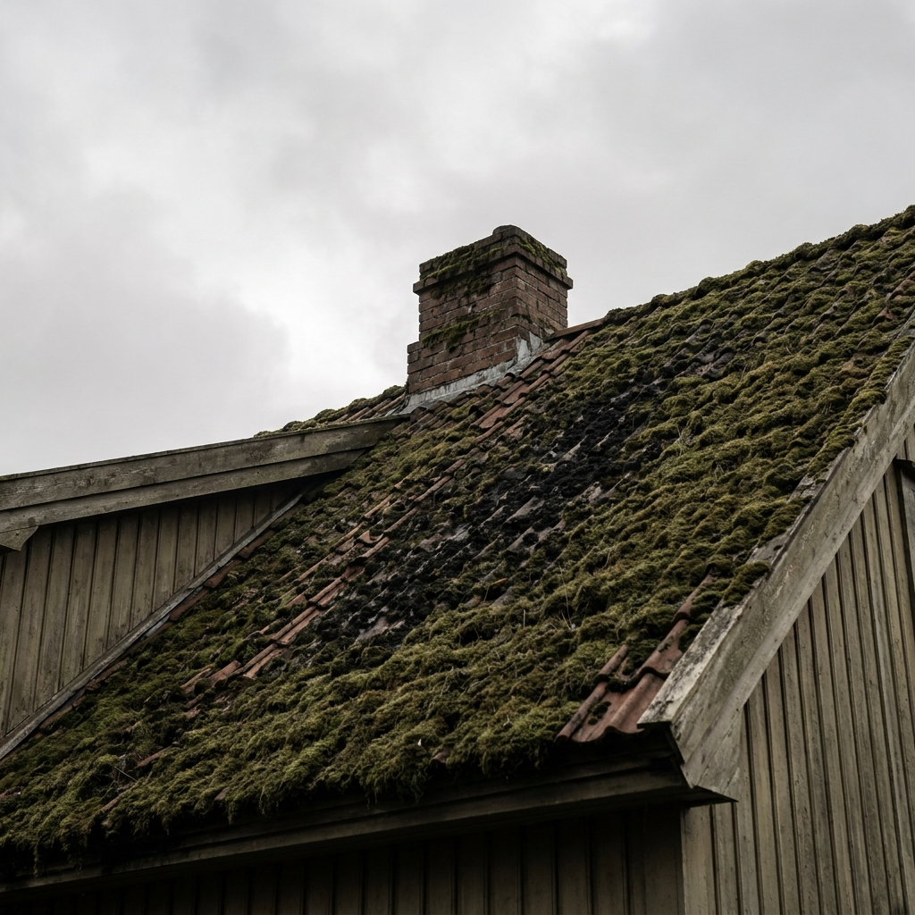 Tak med tykt moseteppe før takvask